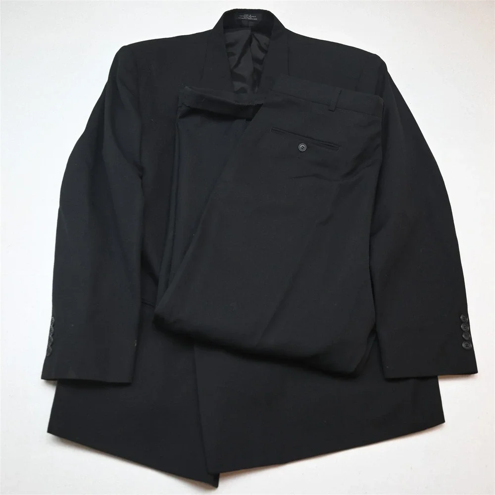 Vtg Mens Double Breasted 44R 34x30 Black Wool Mens Jacket Pants Suit